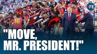 Awkward World Cup Moment: Trump Refuses to Leave Spain's Trophy Celebration Until Pulled Away| FIFA
