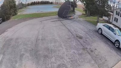 Powerful Gust of Wind Blows Trampoline Into Pond